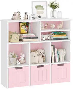 GAOMON Toy Storage Organizer Kids Bookcase with 3 Movable Drawers Toy Storage Cabinet with Hidden Wheels Multifunctional Storage Chest for Playroom, Nursery and Bedroom, Pink