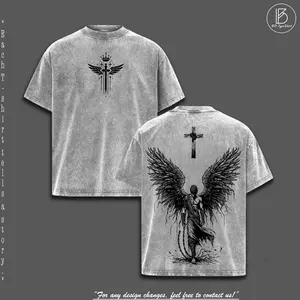 Fallen Angel Redemption Christian Graphic Tee, A Heavyweight Washed Shirt, Oversized Unisex Boxy Fit, A Double Sided Cross and Angel Warrior Print, An Edgy Faith Clothing Merch Gift