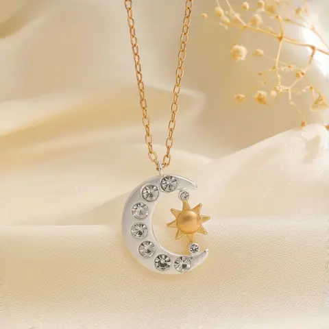 Star Moon Rhinestone Clavicle Necklace, Gold Silver Color Options, Moon Sun Design Luxurious Pendant, Fashion Accessory for Daily Wear, Charms Necklace, High End Necklace, Decorative Accessory Necklace