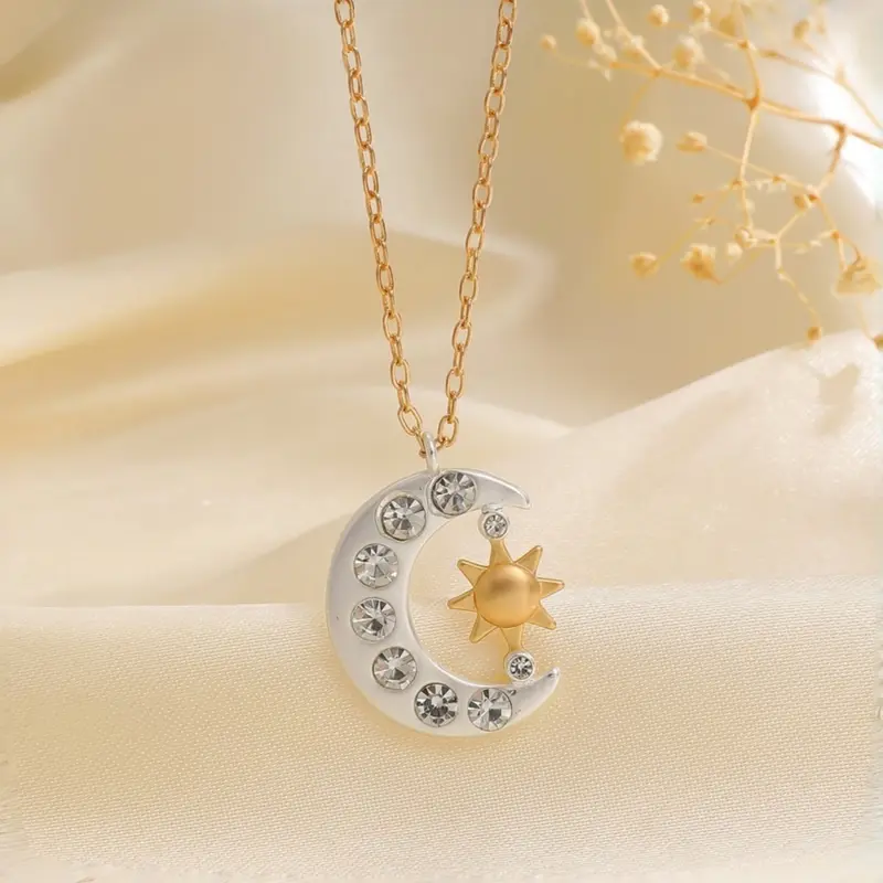 Star Moon Rhinestone Clavicle Necklace, Gold Silver Color Options, Moon Sun Design Luxurious Pendant, Fashion Accessory for Daily Wear, Charms Necklace, High End Necklace, Decorative Accessory Necklace
