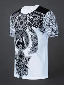 Men's Fashion Wolf Totem 3D Digital Print Fitted T-Shirt, Casual Comfortable Streetwear Short Sleeve Pullover, Summer Outdoor Clothing, Menswear