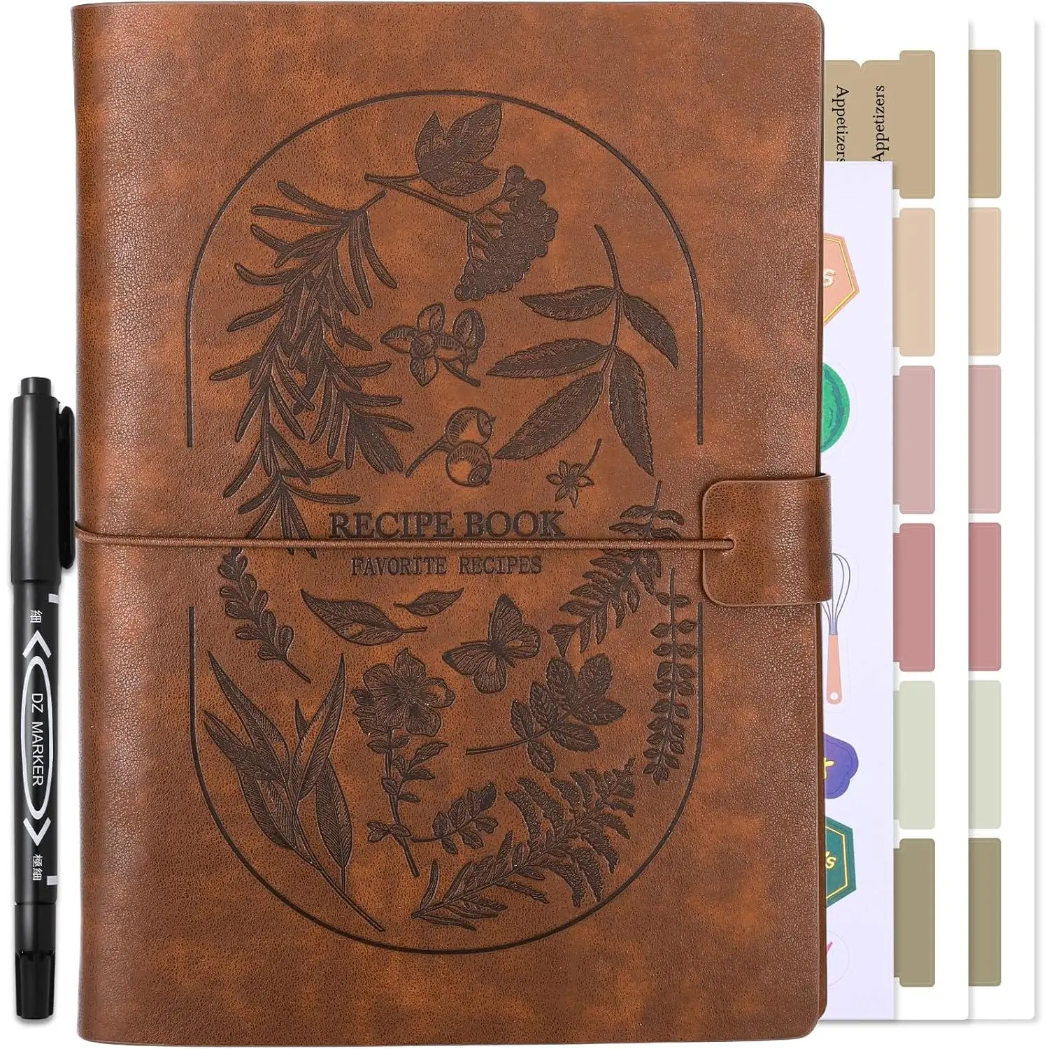 Blank Recipe Book Binder to Write in Your Own Recipes, Leather Recipe Journal Notebook,  Cook Book with Long and Short Recipe Pages, Empty Cookbook Hold 150 Recipes (Brown)