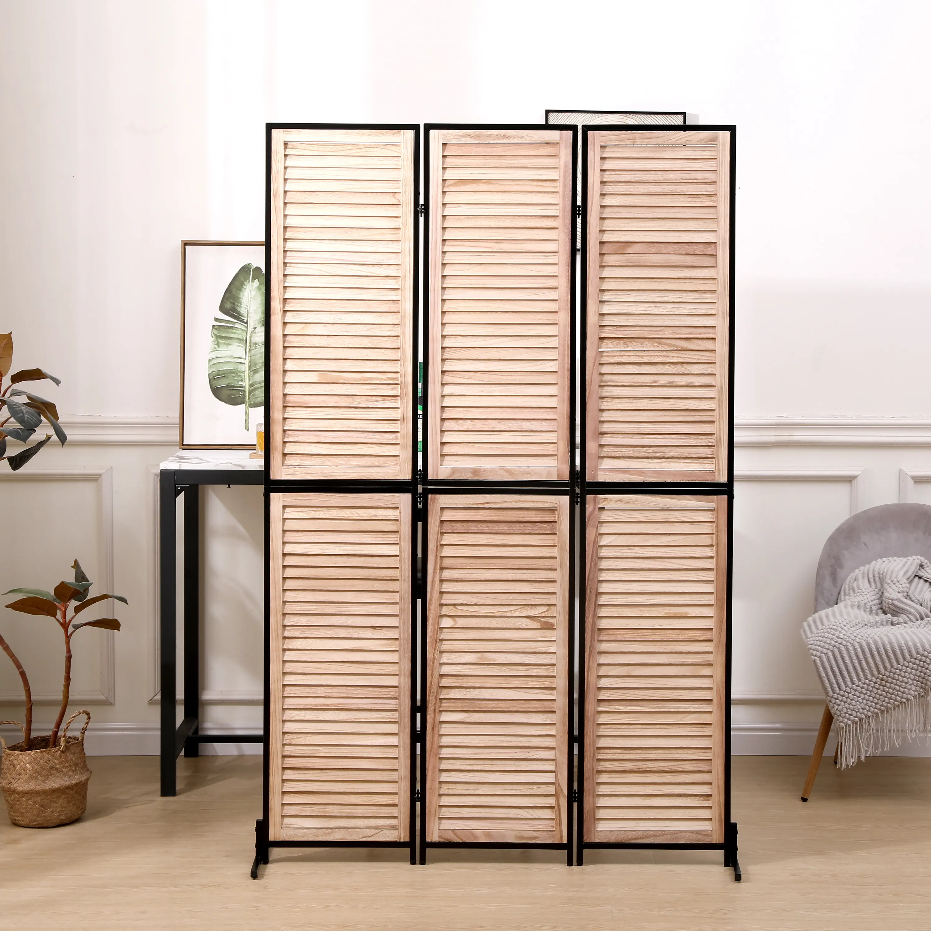 Indoor Wood Room Divider, 6Ft 3-Panel Folding Black Privacy Screen, Free-Standing Furniture Room Separator