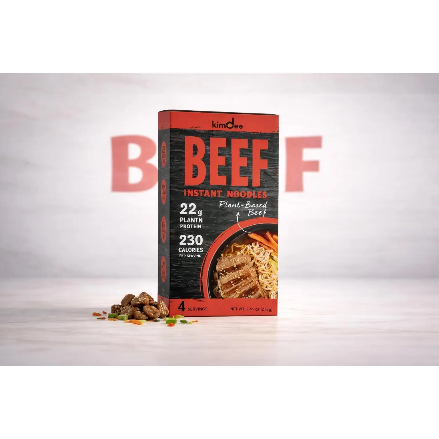 Kimdee High Protein Instant Ramen Noodles, Plant-Based Protein, Vegan, Low Carb, Not-Fried, Non-GMO - Beef Flavor