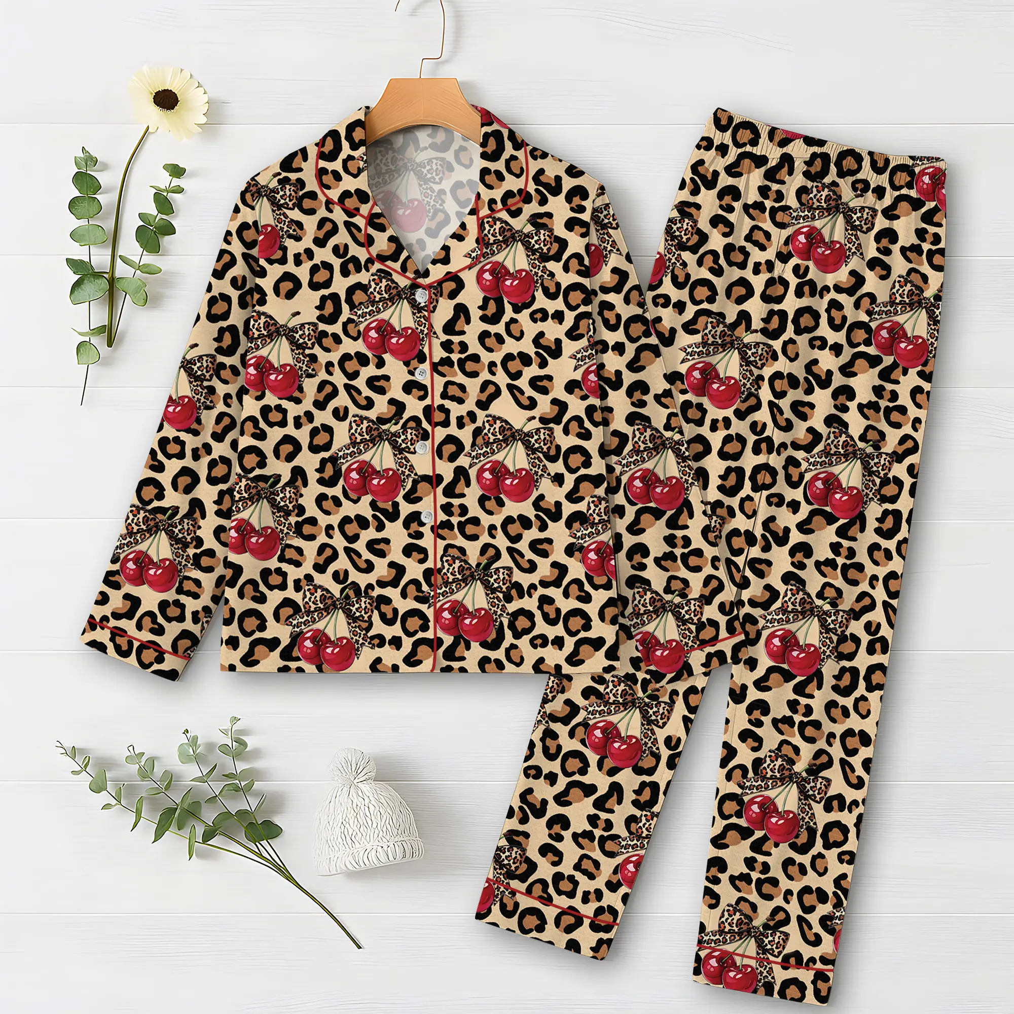 Pajamas Set For Women's Leopard Print Drop Shoulder Top & Drawstring Pants Pyjama Set, Soft Casual Comfortable Long Sleeve Top & Pocket Trousers Pj Set, Women's Sleepwear for Spring & Fall, Glam Lounge Wear, Loungesetwomen, Women Fit Loungewear