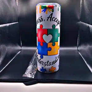 Autism Awareness Stainless Steel 20 oz Skinny Tumbler with Colorful Puzzle Pieces Design for Acceptance and Understanding Bottle Drinkware Water Bottles Portable Cup Washable Reusable Bottled