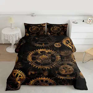 Golden Ndustrial Gear Comforter Sets,teampunk Style Bedding Set,Clocks Theme Bedding Sets,Men Mechanical Device Quilt Set