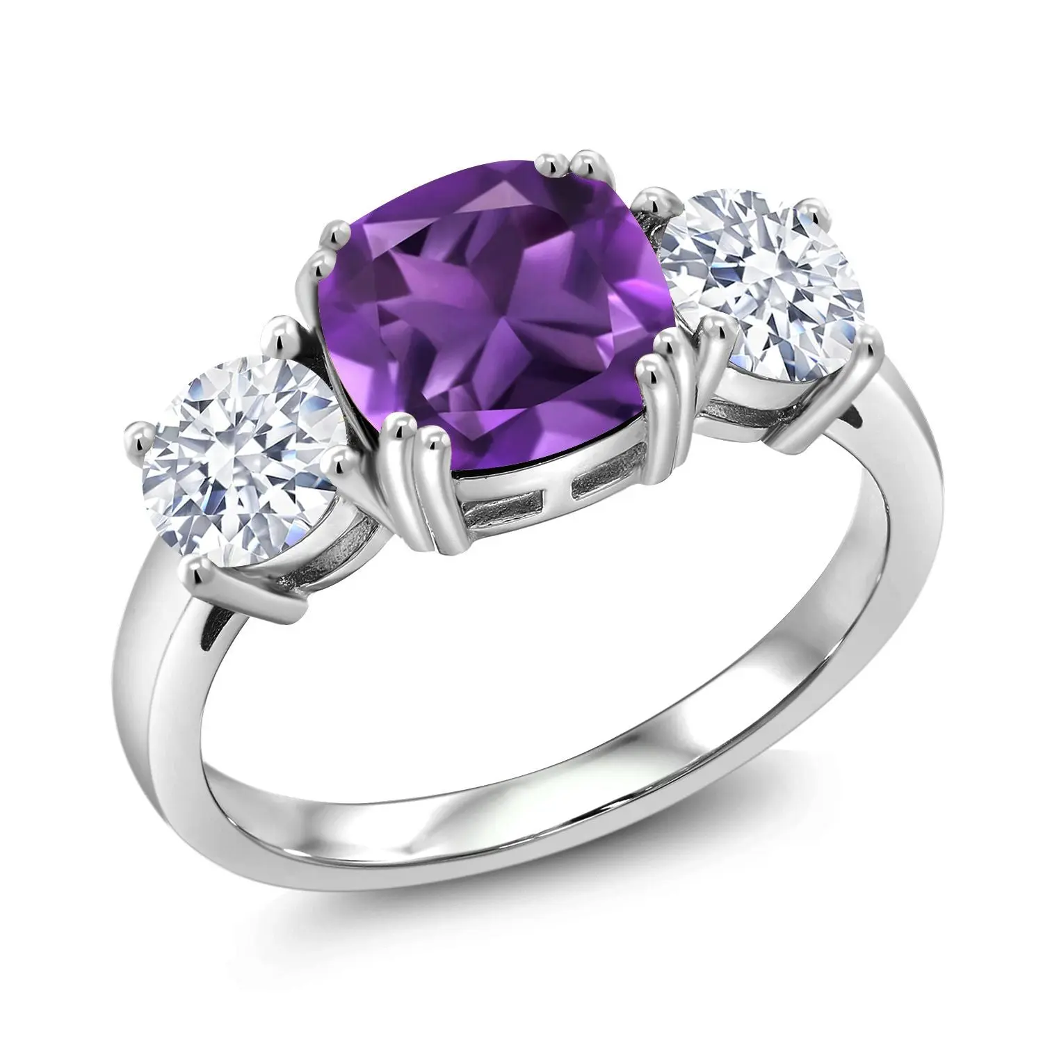 3.60 Cttw Purple Amethyst 3-Stone Engagement Ring For Women | 925 Sterling Silver | Gemstone Birthstone | Cushion 8MM | Three Stone Wedding Engagement Anniversary Ring