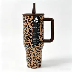 HydroJug 40oz Leopard Print Stainless Steel Tumbler With Handle, 24 Hours Cold Insulation, Leak Proof Straw Lid, Cup Holder Friendly BPA Free Travel Water Mug For Car Gym Camping