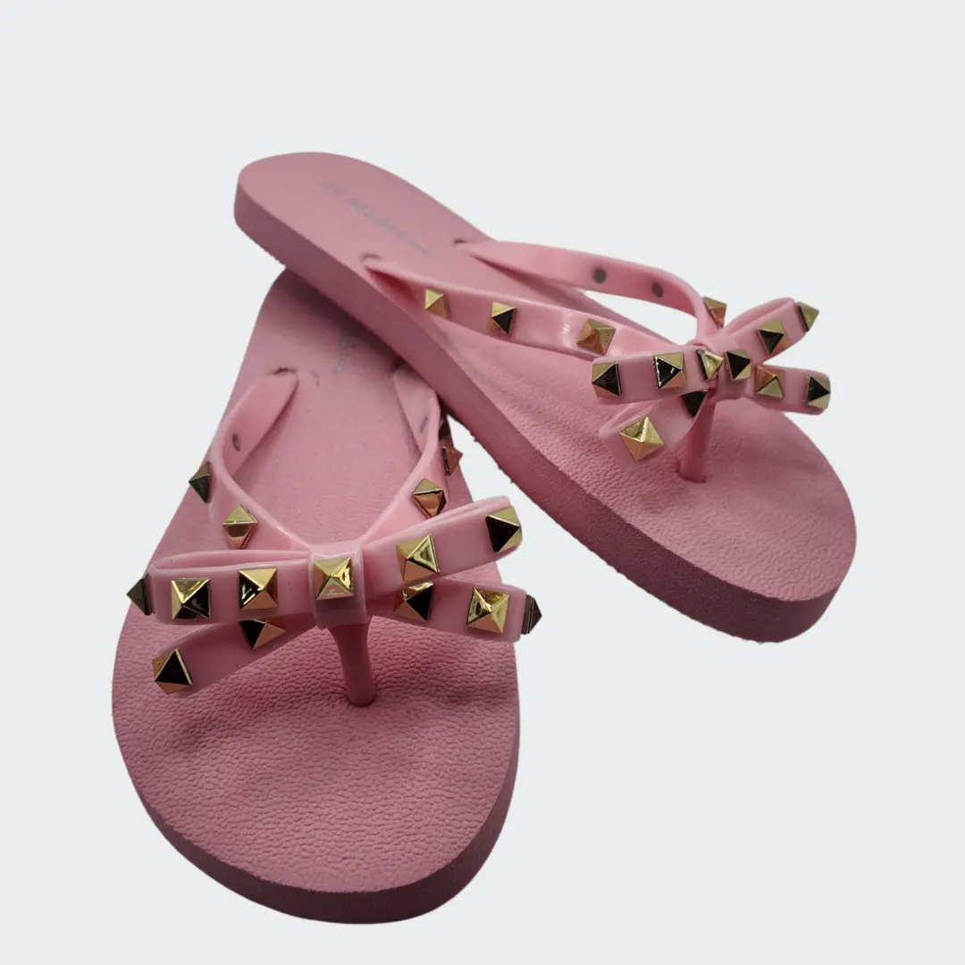 Wild Diva Luxury Flip Flops - Pink Toe Thong Sandals with Pyramid Studs for Summer Beach Wear