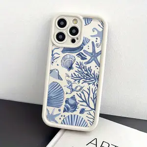 Vintage French Blue White Coastal Seashell Creamy Shockproof Case for iPhone 17 15 16 14 Pro Max 13 12 11XR XS Air Plus E Nature's Delight Pattern Non-YellowingShockproof Soft Silicone Transparent Acrylic CoverProtection Cellphone Casing Supports Wireless