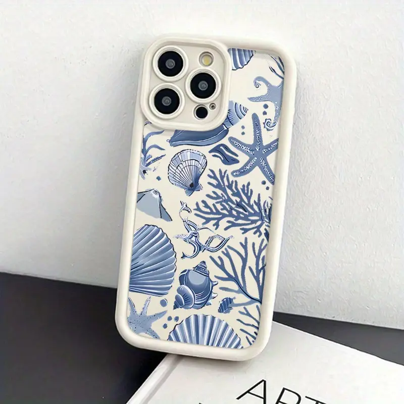 Vintage French Blue & White Coastal Seashell Smartphone Case for iPhone 11-17, Pro Max, XR, XS, Air, Plus - Creamy, Non-Yellowing, Shockproof Soft Silicone Transparent Acrylic Protector for Handheld Devices Accessories, Protective, Coastal Lovers
