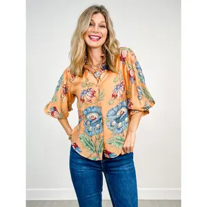 Printed Button Down Top with 3/4 Length Balloon Sleeves