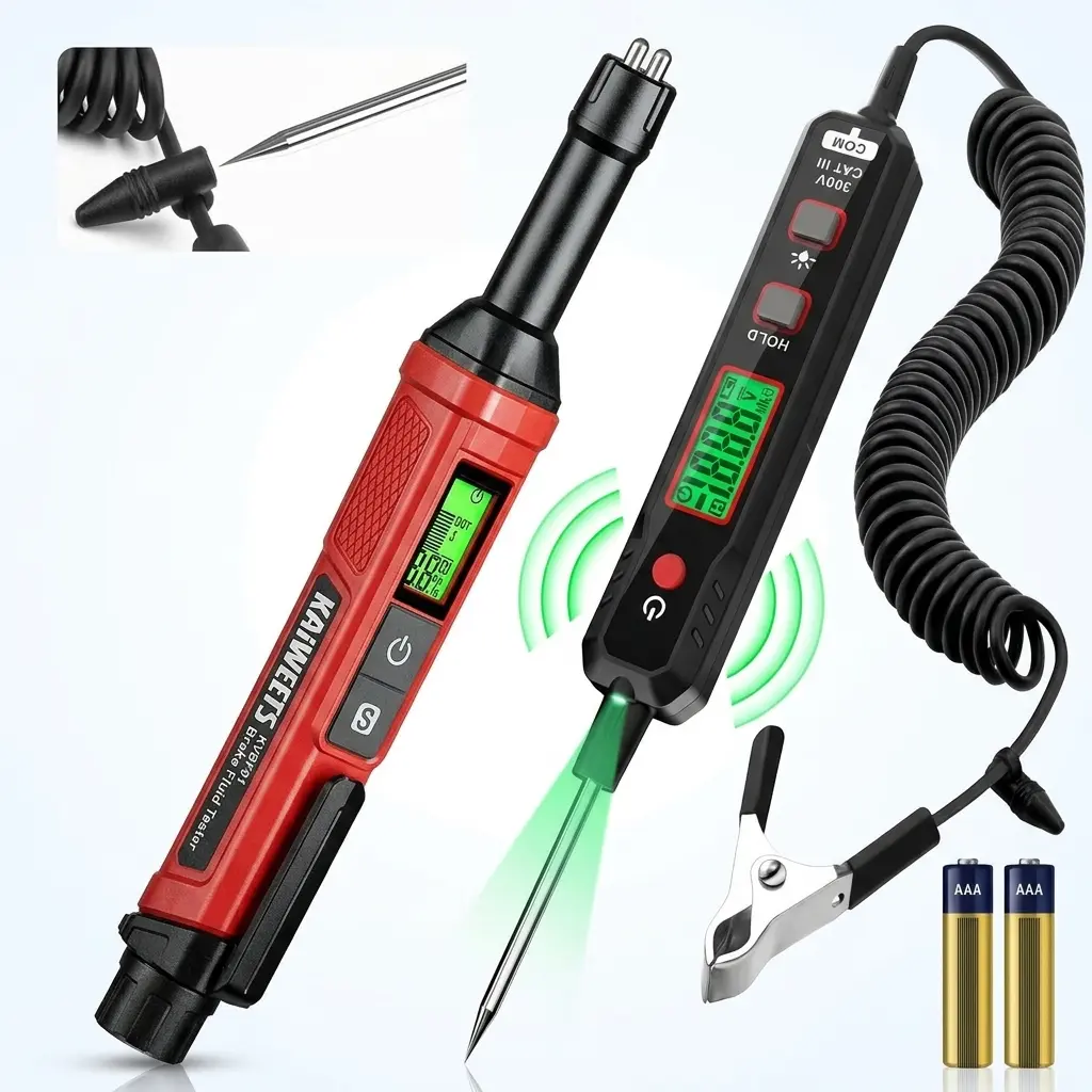 KAIWEETS Automotive Test Kit, Brake Fluid Tester & Smart Auto-Ranging DC Circuit Tester, 2 Essential Tools for Brake Fluid Moisture Checks, Vehicle Voltage, Continuity & Polarity Testing