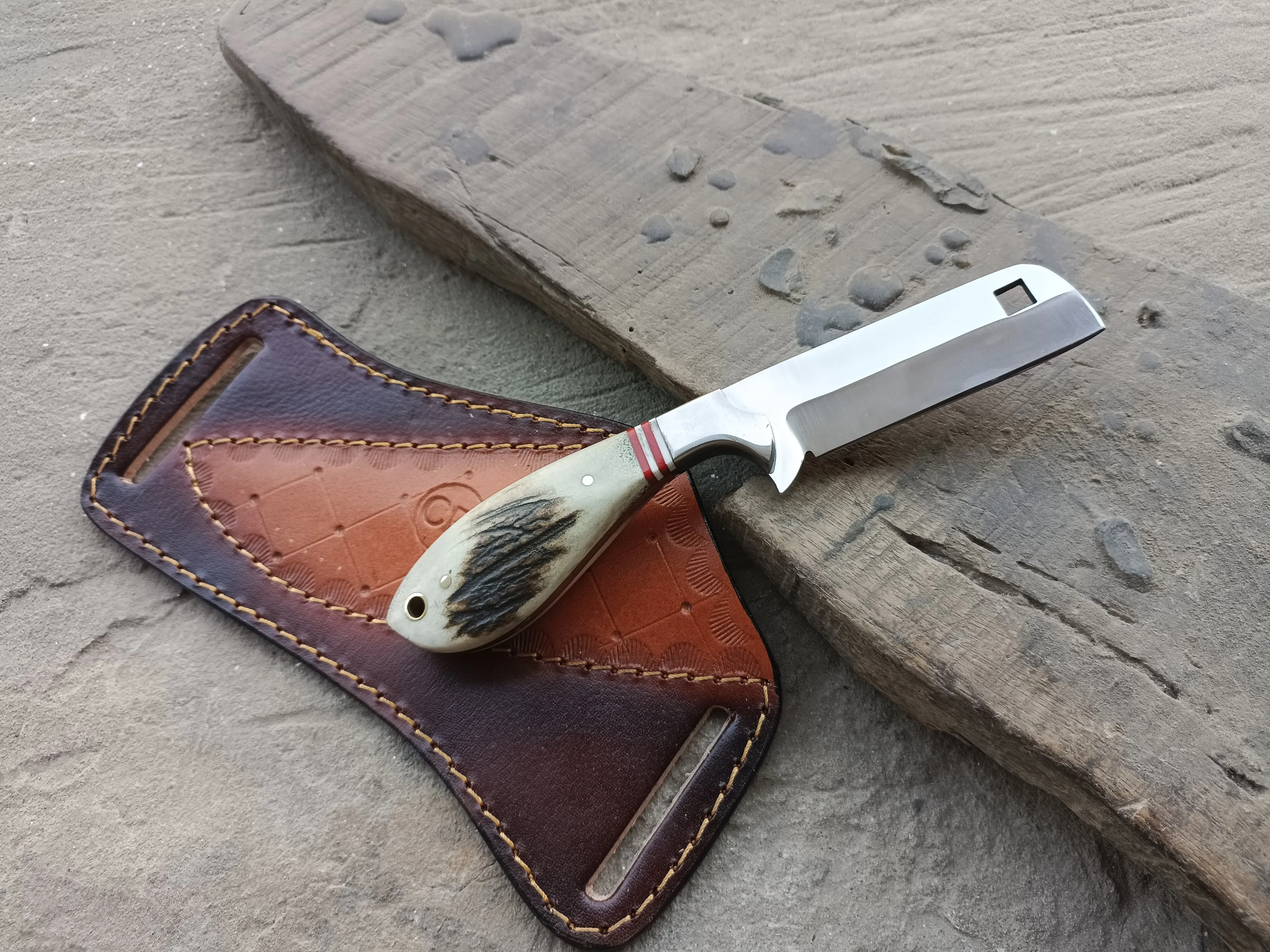 Handmade Custom kitchen Utility Blade & Leather sheath.