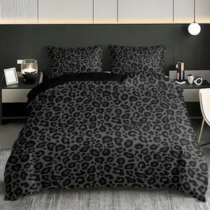 3pc Black Leopard Print Bedding Set, Gray Duvet Cover Set, Bed Sets Supplies, including 1 duvet cover and 2 pillowcases, suitable for single and double beds, available in multiple sizes, perfect for bedrooms, dormitories, and hotels