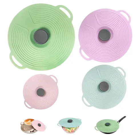 4 Pack Silicone Lids for Food Storage, Reusable Bowl Covers, Heat Resistant Suction Seal Lid for Cups Plates, Pots, Pans Kitchen Utensils Containers