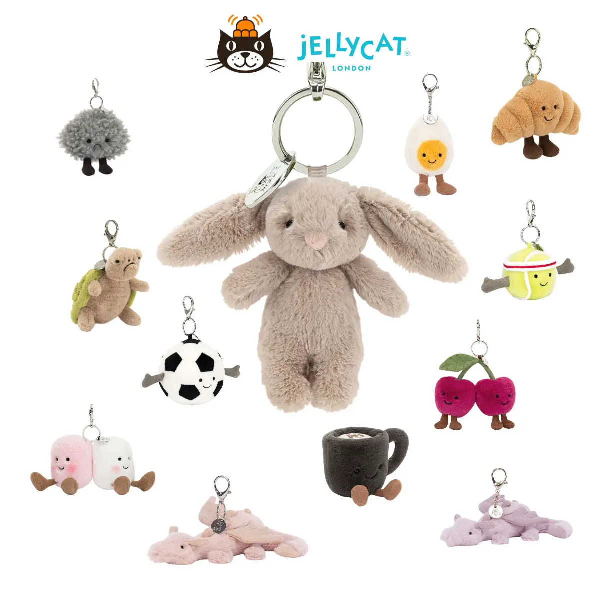 Jellycat Official Beige Bunny Plush Keychain Bag Charm, Viral Croissant, Cherry, Cute Dragon & Turtle Backpack Accessories