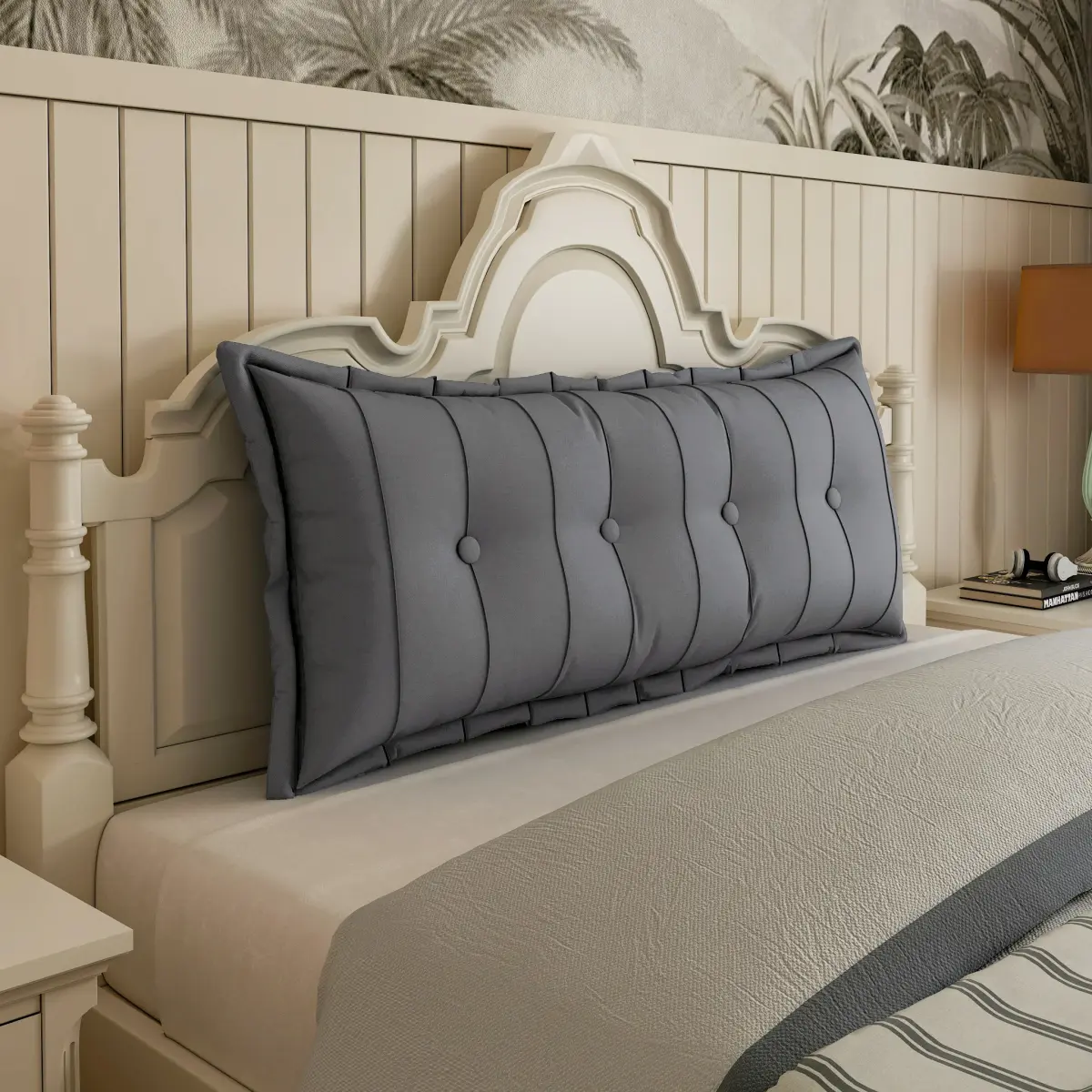 Long Tufted Polyester Bed Rest Pillow, bolster,Grey Wedge Headboard Cushion, Comfortable Back Support Pillow for Reading, Gaming & Watching TV