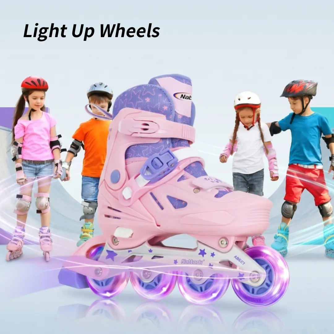 Nattork Kids Adjustable Inline Skates for Children, 8 Full Light-Up PU Wheels, Triple Safety Closure, Power Strap, Beginner Fit, Easy Adjust Size, Indoor-Outdoor Birthday Holiday Gift