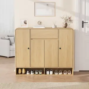 Natural Oak Freestanding Entryway Storage Cabinet, 47.2 Inch Large Capacity Organizer with 4 Doors and 1 Drawer, Rounded Corner Narrow Design for Hallway & Living Room