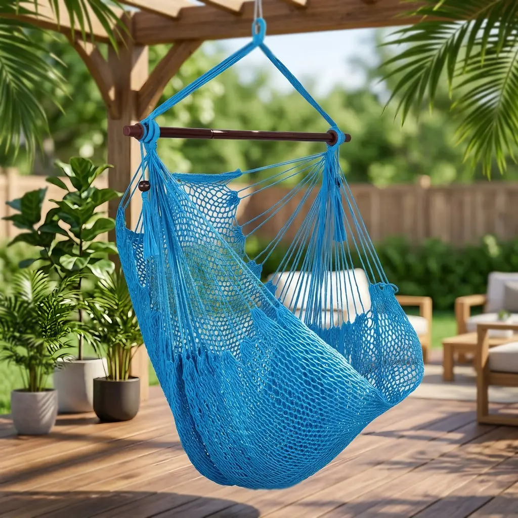 Boho Macrame Hammock Chair Swing - Thick Woven Rope, Breathable Polyester Net Seat with 2-Side Tassels, Heavy-Duty Metal Spreader Bar with Anti-Slip Grooves, 330 lbs Capacity, 2 Relaxing Modes, Indoor/Outdoor Patio Swings for Adults, Swinging Chair Outdoo