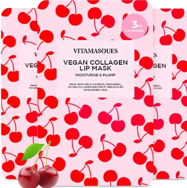 Lip Mask, 3-Pack - Cherry Vegan Collagen Lip Mask Sheets, Repair for Dry & Chapped Lips - Nourishing & Hydrating - Wild Cherries & Hyaluronic Acid - Vegan & Cruelty-Free Korean Skin Care