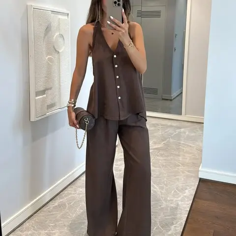Women's Casual Chic Vacation Outfit Two-Piece Set, Halter V-Neck Backless Sleeveless Crop Top with Wide-Leg Pants Style