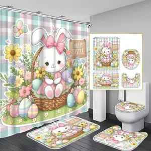 1/4pcs Easter Bunny Rabbit Princess and Egg Design Decorative Shower Curtain Set, includes non-slip mat, U-shaped rug, and toilet seat cover. Perfect for bathroom decoration, partitioning, and beautifying the space. Comes with 12 shower curtain hooks.
