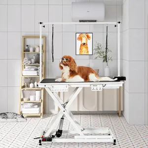 Electric Height Adjustable Dog Grooming Table for Large Dogs – Heavy Duty Hydraulic Station, Overhead Arm, Non-Slip Tabletop, Built-in USB & Power