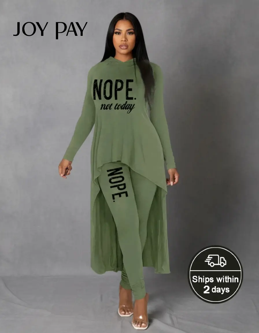 JOY PAY Fashion Women's Green Tunic & Leggings Set HZ018 with Bold "NOPE. not today" Graphic Long-sleeved Casual Two-piece Suit for Comfort and Versatility    HZ018