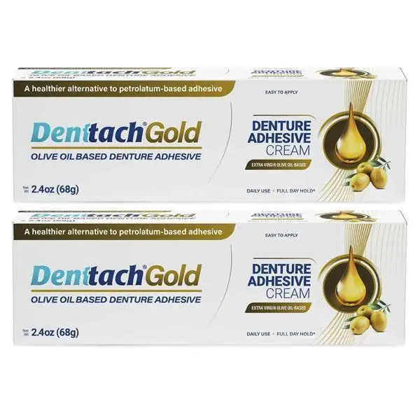 Denttach Gold Denture Adhesive, Petroleum Free Olive Oil Based Premium Denture Adhesive Cream for Full and Partial Dentures, All Day Secure Hold Denture Glue, Zinc Free, 2.4 Ounce (Pack of 2)