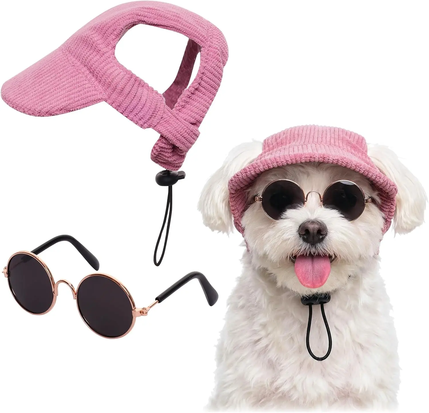 Pet Sun Hat & Sunglasses Set - 1 x Corduroy Pink Visor Cap with Ear Holes, 1 x Gold-Frame Round Sunglasses, Compact Summer Outdoor Pet Supplies for Small Dogs (Toy Poodle, Bichon) & Cats, Ideal for Hikes