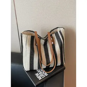 Large Capacity Striped Straw Beach Bag, Lightweight Beach Bag, Perfect for Vacation, Outdoor Shopping, Handheld or Shoulder Strap, Versatile and Stylish, Fashionable Patterned Bag