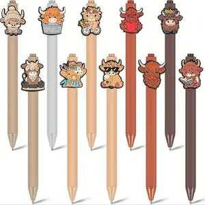 Cute Highland Cow Print Pens Set, Ink Retractable High-End Cows Pen Pack, Cartoon Highland Cow Gift Group School Office Stationery Theme Holiday Gifts Accessories Colleague Presents