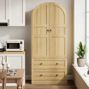 72-Inch Tall Engineered Wood Arched Farmhouse Kitchen Pantry Cabinet - Freestanding Large Storage Unit with Doors, Drawers, Shelves, Natural Wooden Door, Versatile Cupboard for Dining, Living Room (Arch Shape, Farmhouse Look)