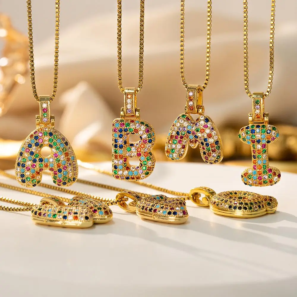 SIXFOX Colorful Bubble Letter Necklaces initial necklace 14K Gold or Silver Zirconia 20-inch Chain for Women Custom Early Fall Fashion Stackable Jewel