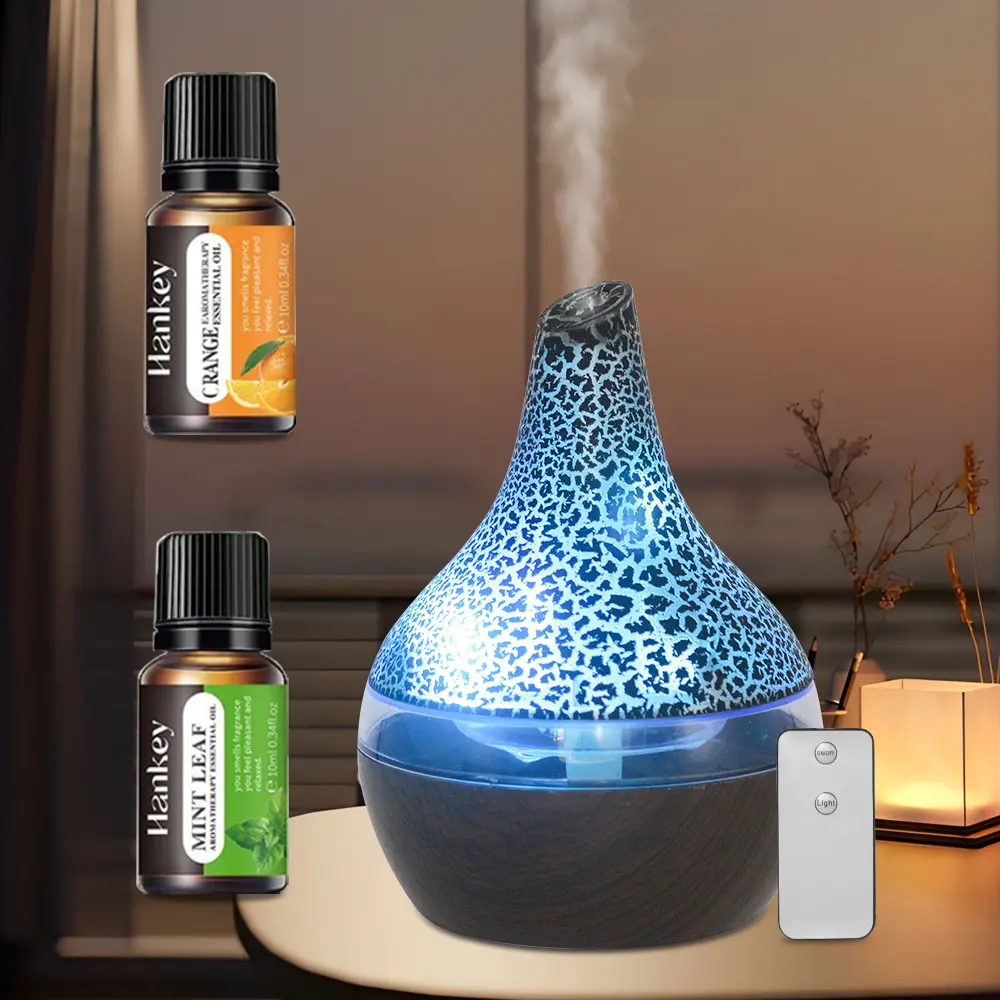 usb aromatherapy diffuser 300ml Crack Texture Essential Oil Diffuser, Ultrasonic Aroma Humidifier with Remote Control, 7 Color Changing LED Lights, Quiet Mist, Auto Shut-Off, Includes 2 Bottles Essential Oils for Home Bedroom Office sohochic