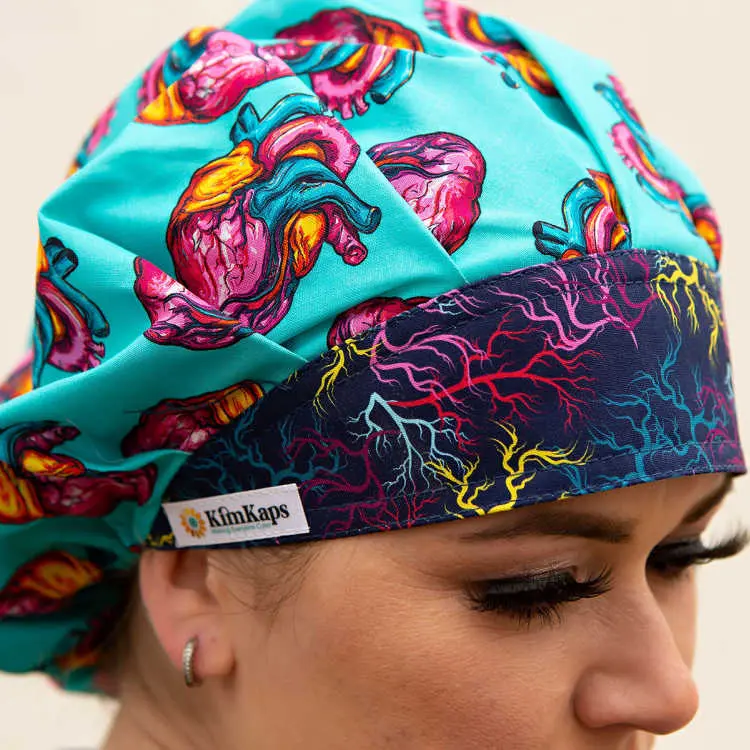 KimKaps Pumped Up Surgical Scrub Cap - Anatomical Hearts & Veiny Design - Navy Ribbons - 100% Cotton - Made in USA - Cute & Comfortable