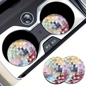 [2pcs Disco Ball Car Coaster] 2pcs Absorbent Disco Ball Pattern Car Coaster | Unisex Car Interior Design Accessories, Car Interior Accessory, Suitable for Car Interior and Household Desk Water Cup Coaster