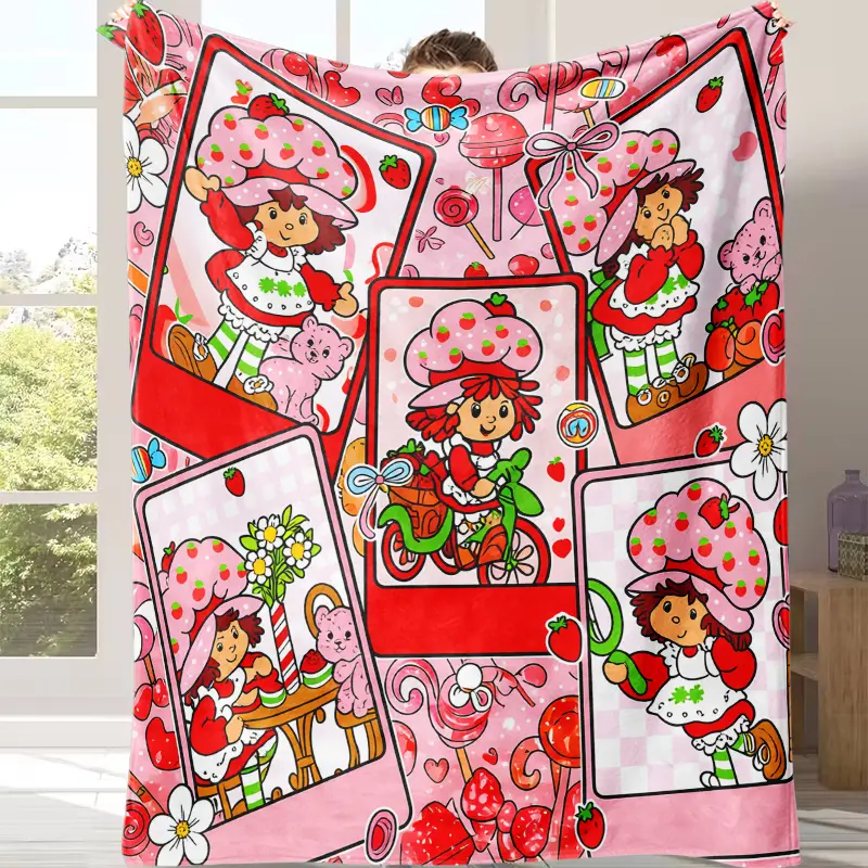 Strawberry Shortcake Flannel Throw Blanket Sweet Girl Cat Cartoon Pattern Soft Lightweight Cozy for Girl Room Decor Nostalgic All Season Fan Gift Sofa Decoration