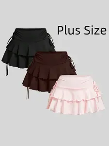 【Plus Size】 Solid Ruffle Trim Elastic Skirt, Casual Fashion Fitted Short Skirt for Daily Outdoor Wear, Women Plus Clothing for Spring Fall, Bottoms