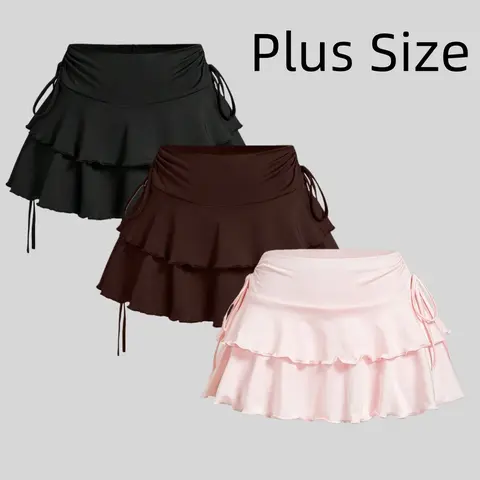 [Plus Size] Solid Ruffle Trim Elastic Stretchy Flared Skirt, Casual Fashion Fitted Short Skirt for Daily Outdoor Wear, Women Plus Clothing for Spring Fall, Womenswear Bottoms, Summer Casual Skirt, Fitted Design Skirt, Skirted Bottom