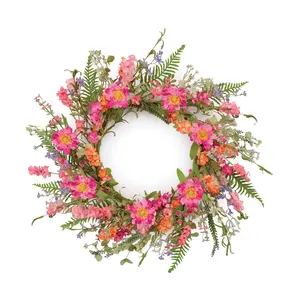 Melrose 96600DS 20 in. Polyester Mixed Floral Eucalyptus Flower Wreath, Pink & Green Home Festive Decor