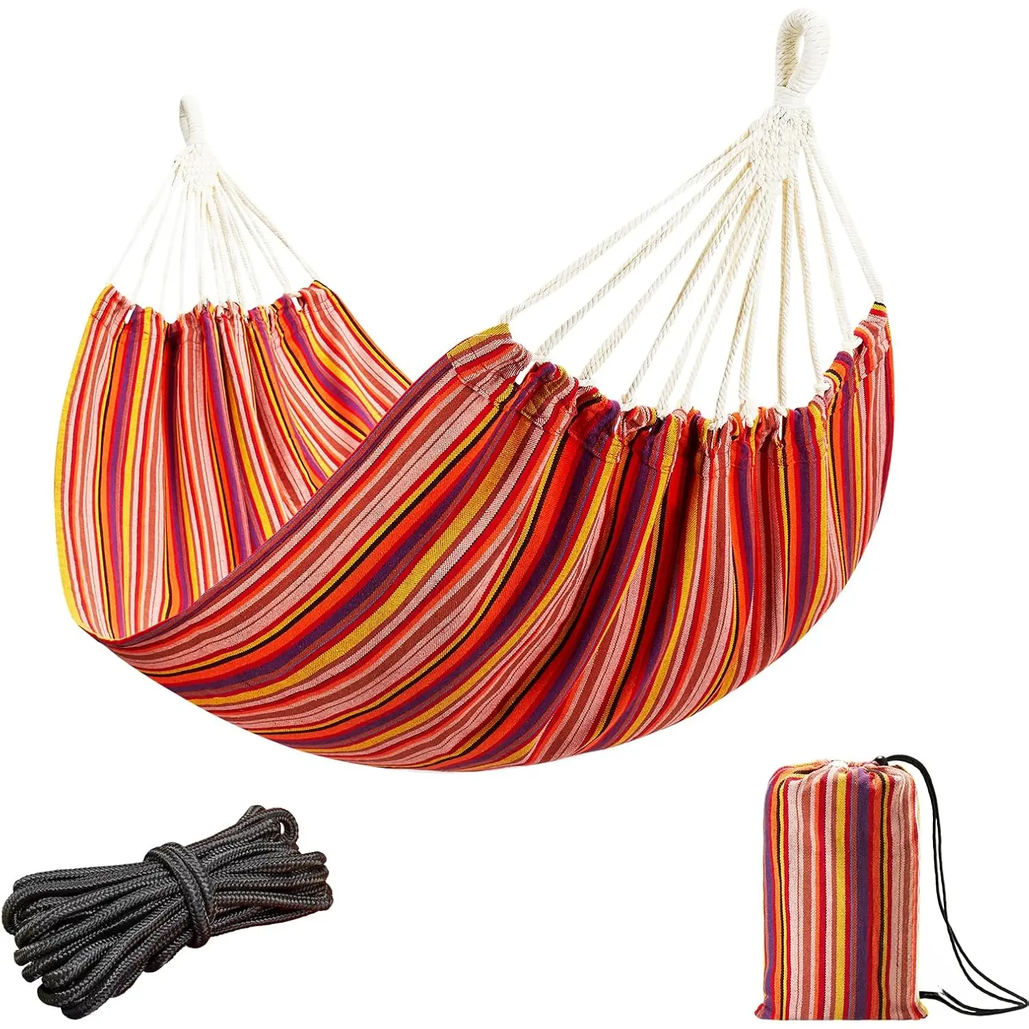 Brazilian Hammock for Single Preson Portable Hammock with Hanging Ropes & Carry Bag Large 78.8x39.4" Cotton Hammock for Patio 300LBS Capacity  for Outdoor/Indoor - Red Stripe