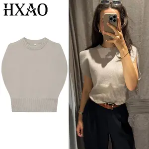 HXAO Grey Knit Vest Women's Vest Autumn Fashion Crop Cashmere Pullover O-Neck Sleeveless Vest Jersey Elegant Insulated Knitwear