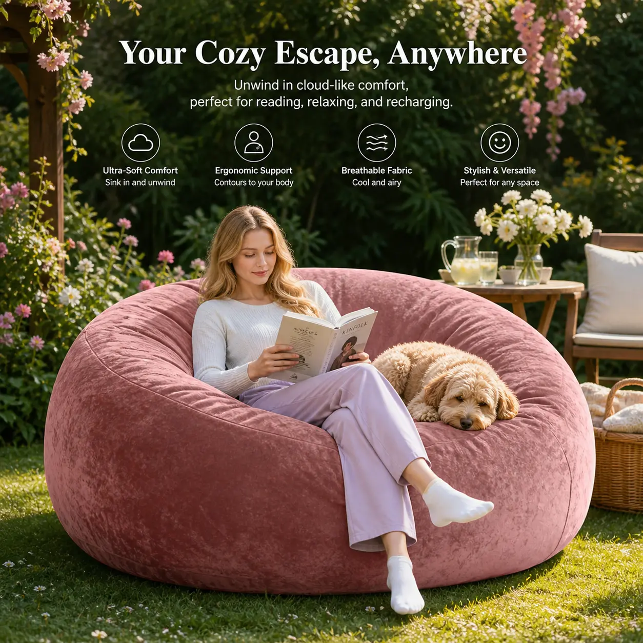 Bean Bag Chair for Adults, Giant Bean Bag with Filler & Machine Washable Cover, Fluffy Bean Bag Chairs Oversized Beanbag Lounge Chair for Living Room, Bedroom Dorm(4/5/6FT))