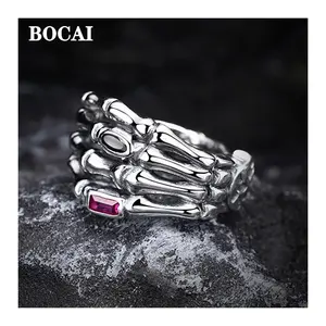 New Real S925 Silver Trendy Punk Style Skull Claw Ring for Men Opening Retro Hip-Hop Rock Jewelry Accessory