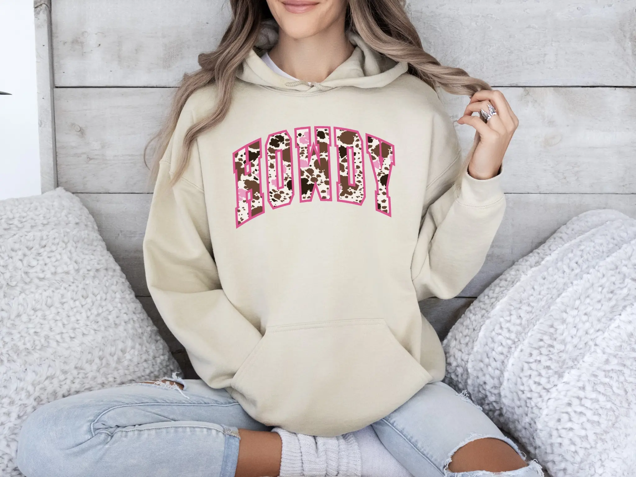 Cowprint "Howdy" Hoodie Casual Cotton