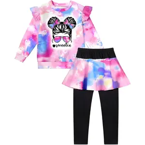 KF5-GCS015   Toddler Girl Clothes,2 Piece Tie Dye Girls Outfits Ruffle Sleeve Graphic Print Top + Skirt Leggings Kids Clothing Set